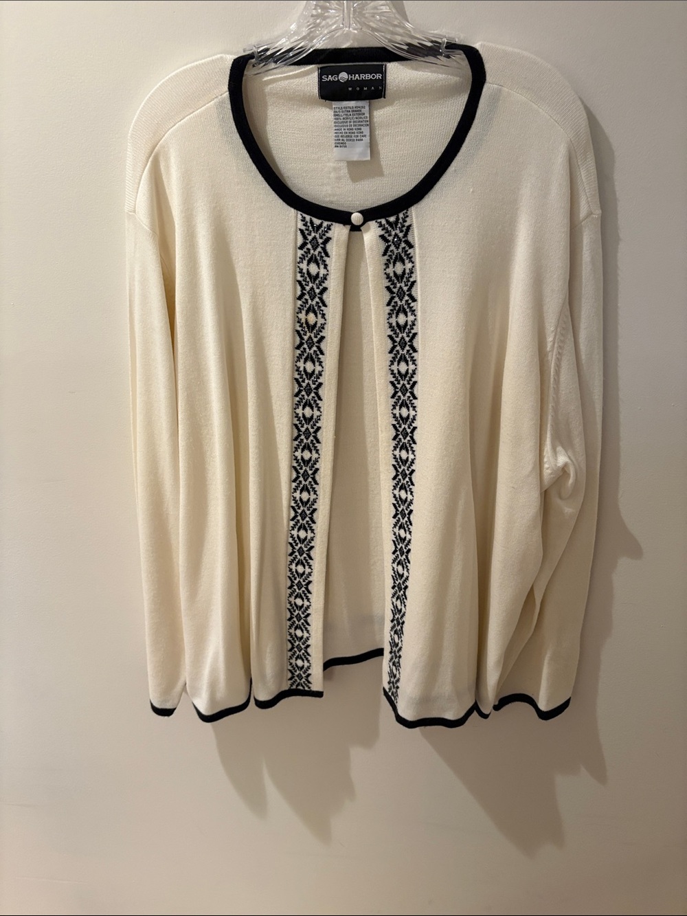 Sag Harbor Cream Open-Front Cardigan with Black Trim and Embroidered Panels